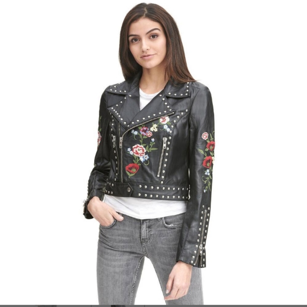 BANESKIN BLACK FLORAL STUDDED LEATHER JACKET,  SIZE LARGE